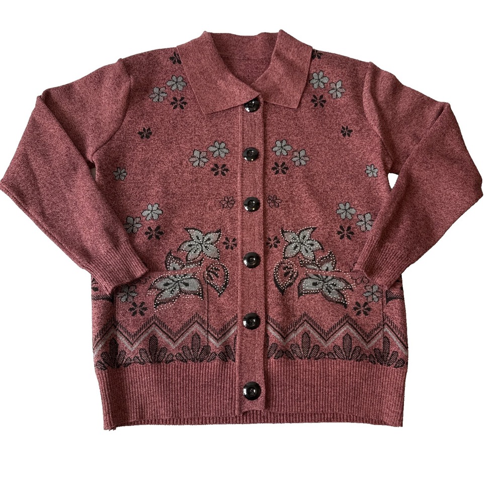Vintage Style Floral Studded Knit Collared Button Up Sweater Cardigan M Twee
